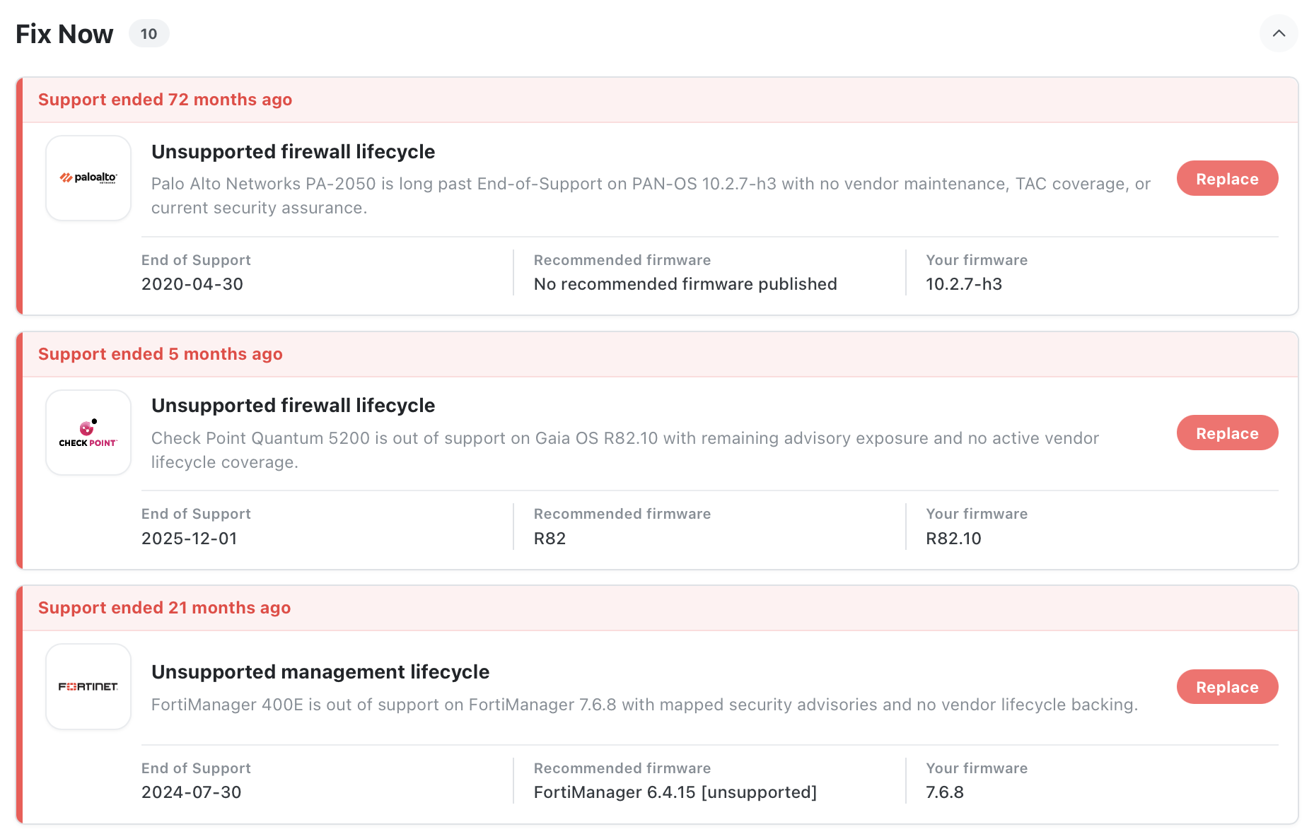 VendorFox showing unsupported infrastructure risks that need attention