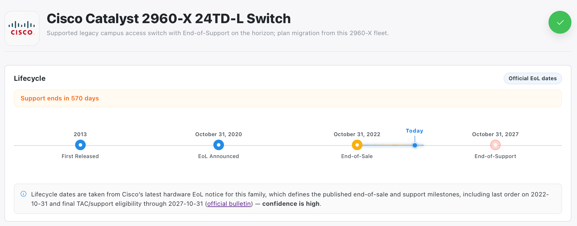 VendorFox support exposure view showing multiple device types already past end of support and nearing end of support